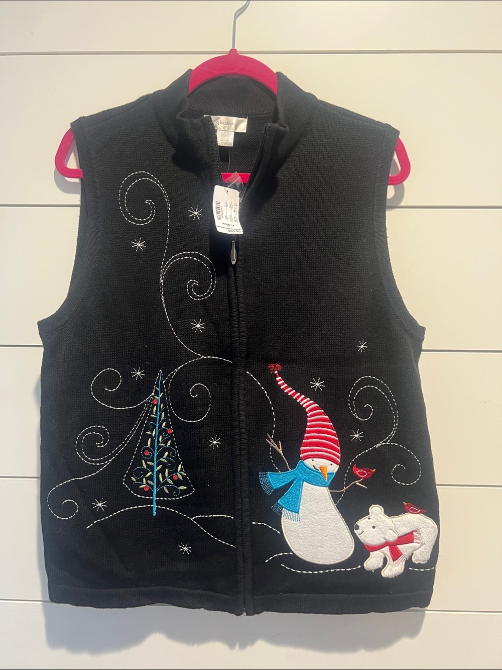 Black Holiday Embroidered Snowman & Polar Bear Holiday Zip Vest